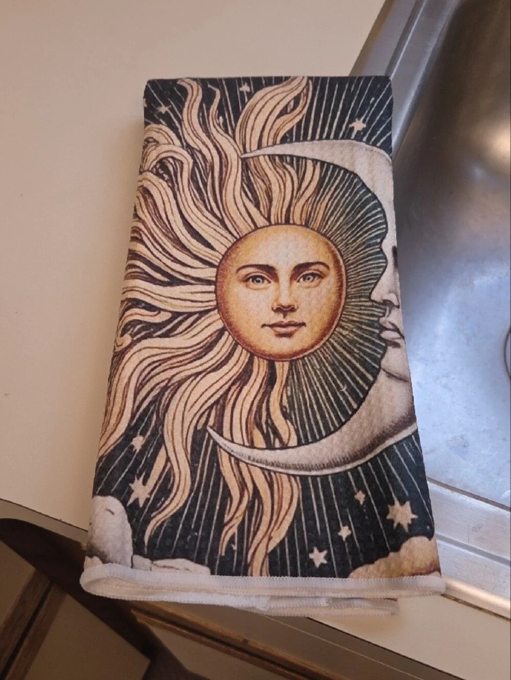 Sun and Moon Decorative Kitchen Tea Towel in Gold and Navy SET OF 2